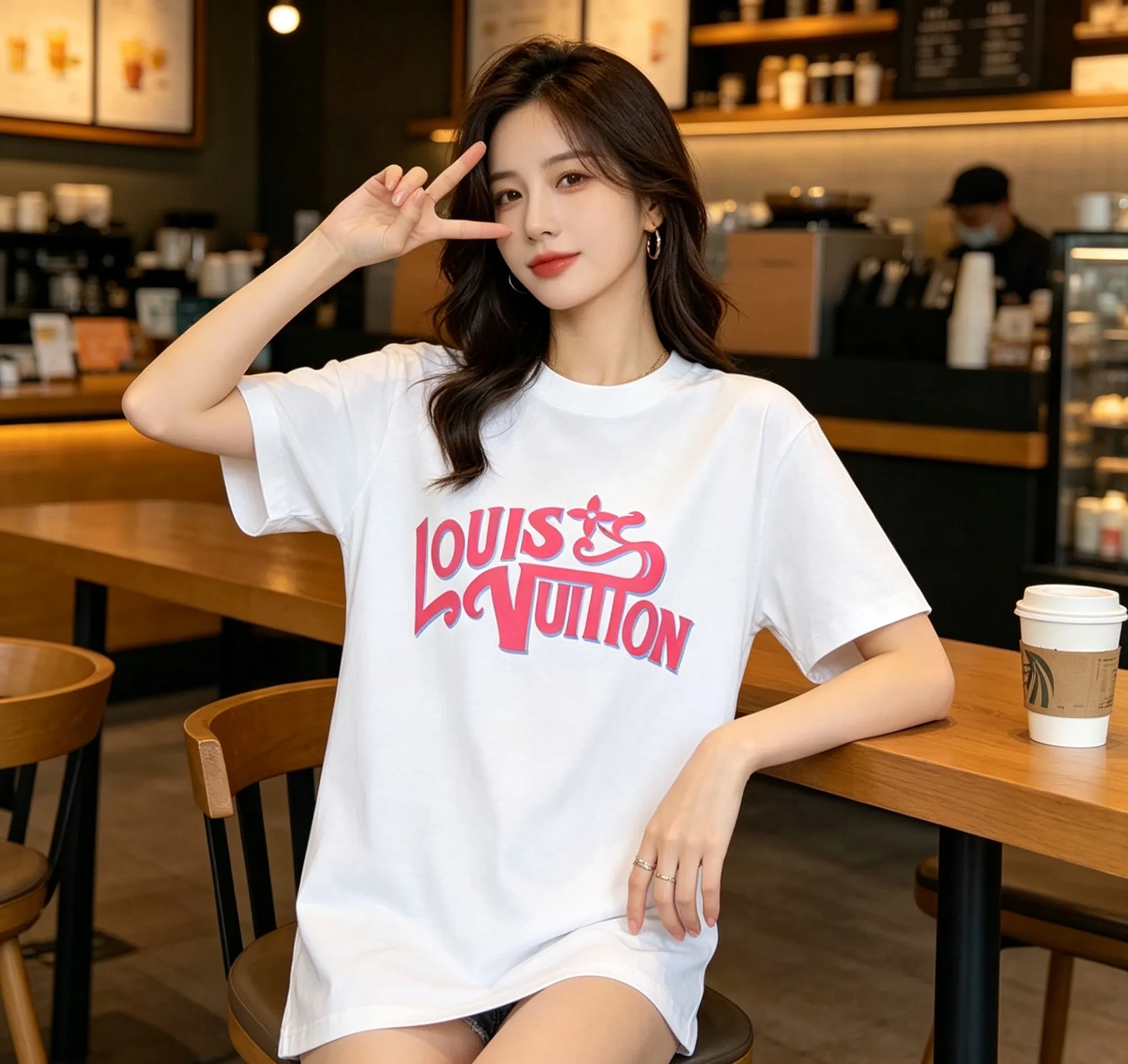 Louis Vuitton/Louis Vuitton pink graffiti 3D letter short sleeves
